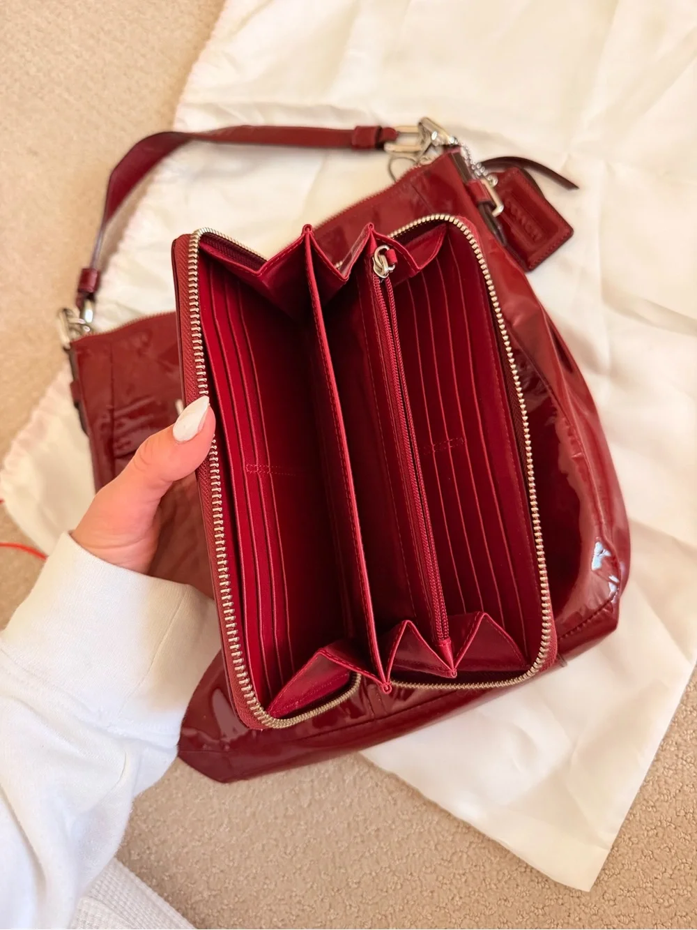 Coach Red Patent Leather Shoulder Bag with Matching Wallet